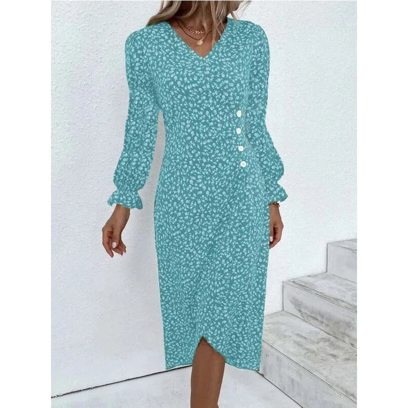 Elegant Floral Pleated Midi Dress - V Neck Puff Sleeve Summer Dress