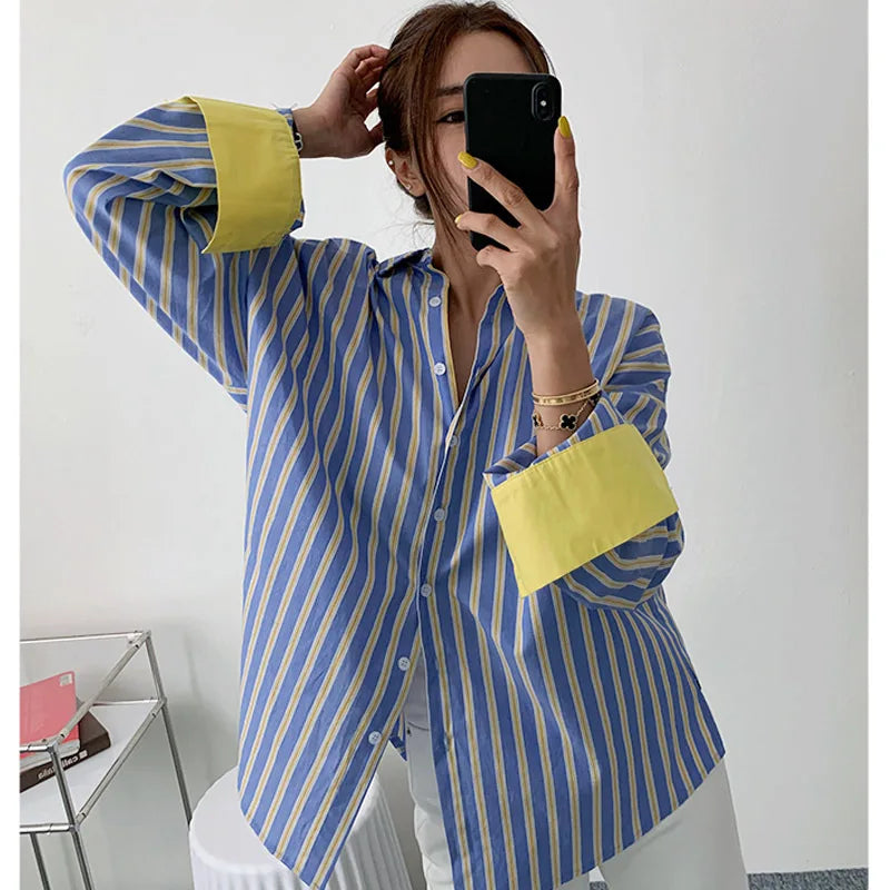 Spring and Autumn New Striped Long-sleeved Shirt and Korean Version of Loose Slim Mid-length Shirt Fashion Casual Shirt