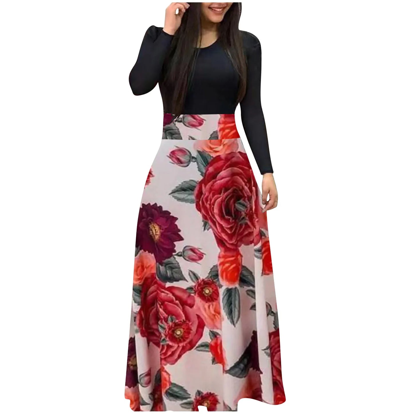 Floral Print Long Sleeve Maxi Dress - Women's Loose Holiday Wedding Party Dress