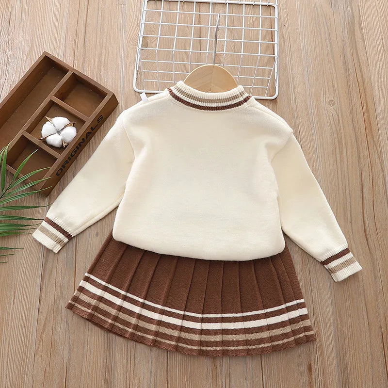 Autumn/Winter Girls' 2-Piece Set – Letter Bear Sweater and Striped Pleated Skirt