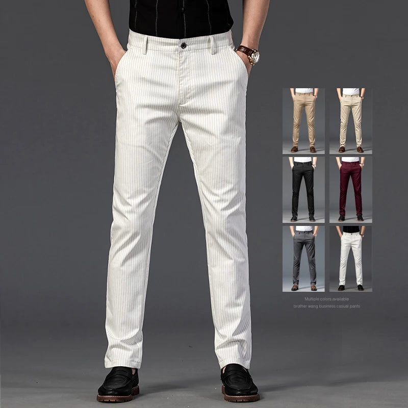 Spring Men's Business Straight Striped Casual Pants High Quality British Fashion Soft Elastic Trousers Black White Khaki Gray