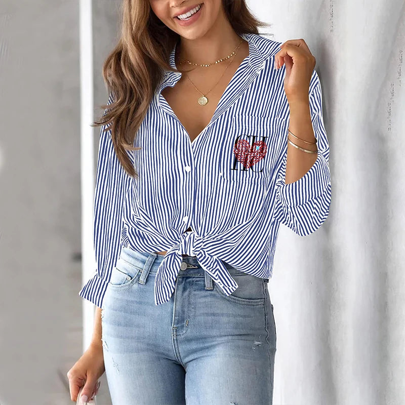 Ladies Tops New Fashionable Trend Casual  Striped Women's Long Sleeved shirts