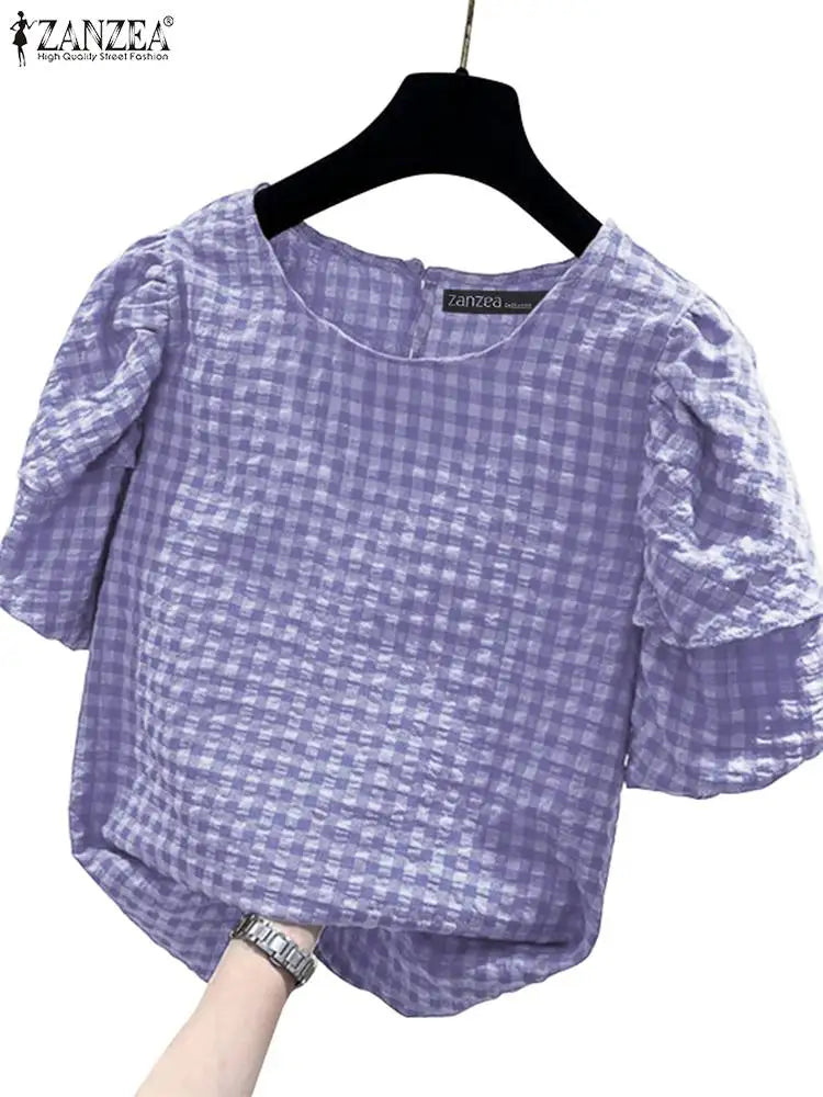 Women Casual Checked Blouses Short Puff Sleeve