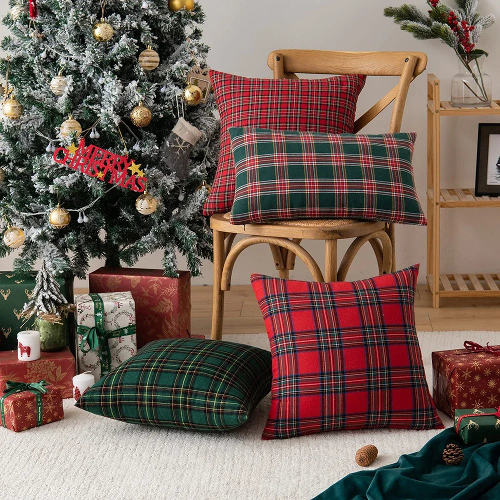 Christmas Tartan Plaid Pillow Covers – Red Cushion Covers for Sofa, Bed, Party, or Home Décor