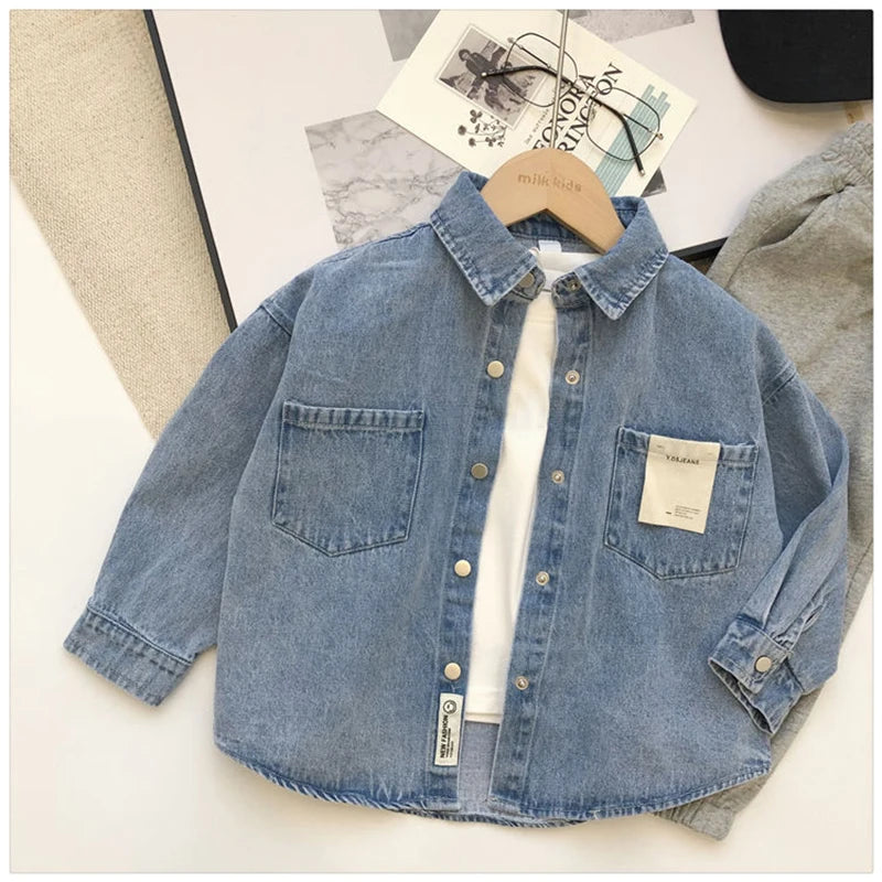 Boys' Denim Shirt – Long Sleeve Turn-Down Collar, Loose Casual Fit for Spring & Autumn