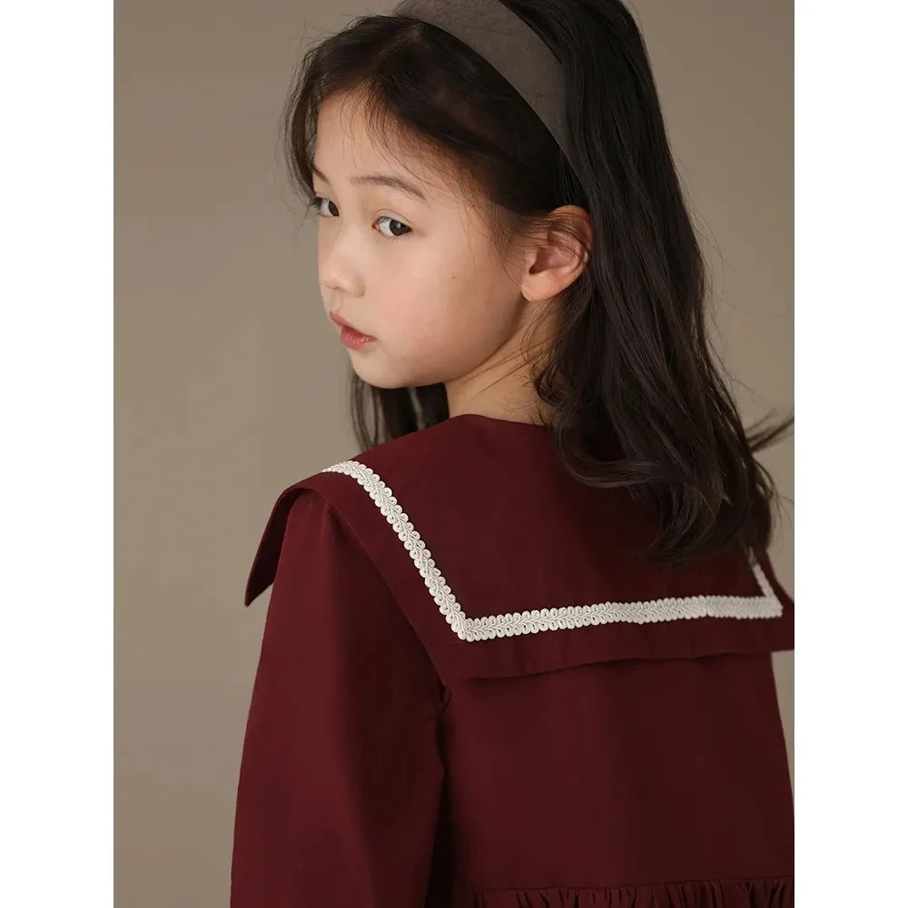 Girls' Red Long Sleeve Dress – Turn-Down Collar Casual Spring Princess Outfit (Ages 6-15)