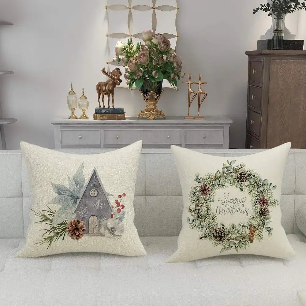 1PC Christmas Linen Pillowcase Cushion Cover – Customizable Home Sofa Decoration