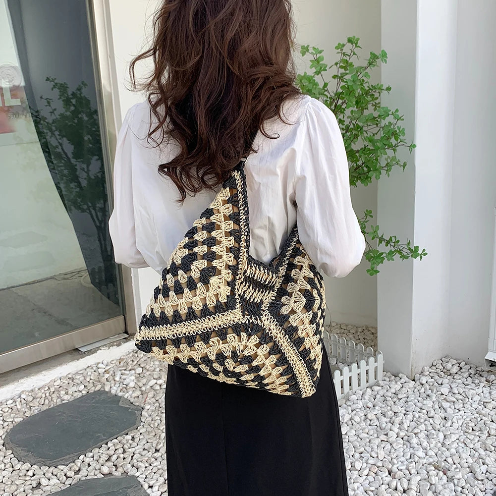 Summer Bohemian Braided Handbag Casual Tote Hollow Straw Beach Bag Woven Shoulder Bag Raffia Rattan Shopping Travel Bag