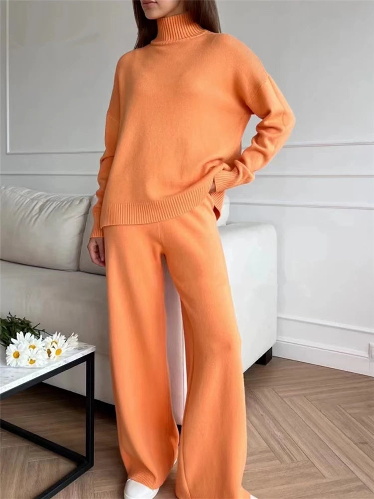 Autumn Winter Women's Knitted Tracksuit - Turtleneck Sweater & Joggers