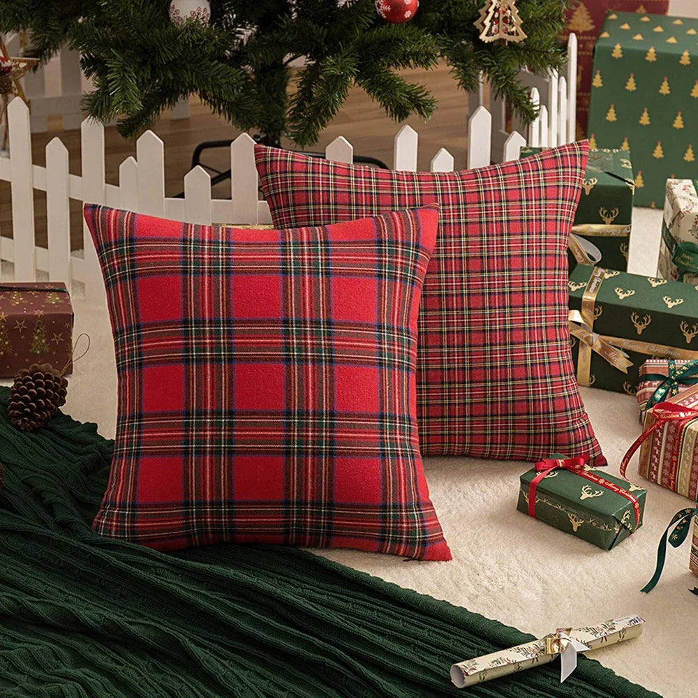 Christmas Tartan Plaid Pillow Covers – Red Cushion Covers for Sofa, Bed, Party, or Home Décor