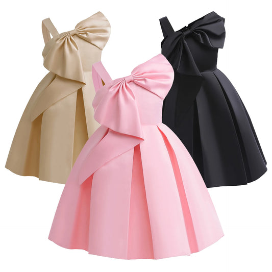 2024 Girls' One-Shoulder Satin Dress with Big Bow