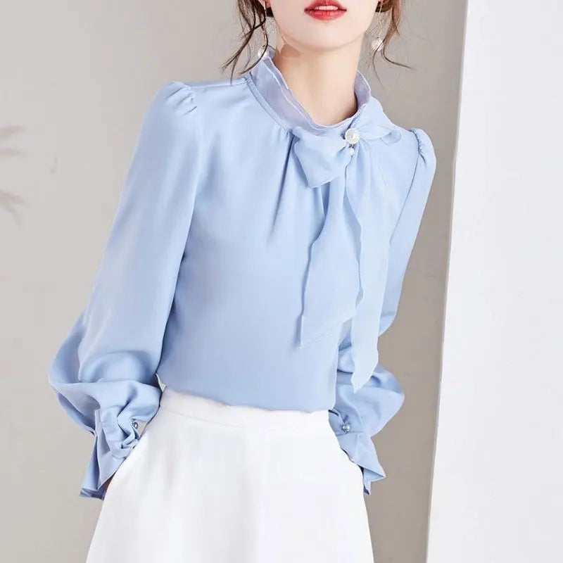 Women’s Bow Blouse – Stand Collar Solid Color Shirt with Ruffles for Spring