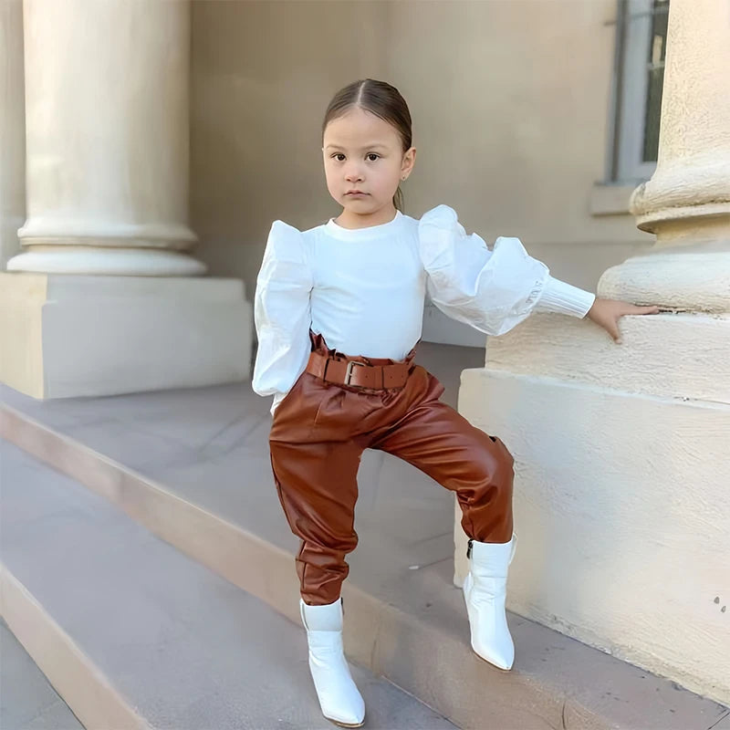 Girls' 2-Piece Puff Sleeve Blouse & PU Leather Pants Set