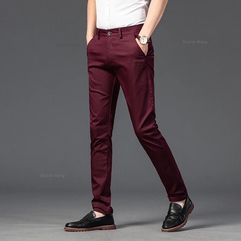 Spring Men's Business Straight Striped Casual Pants High Quality British Fashion Soft Elastic Trousers Black White Khaki Gray