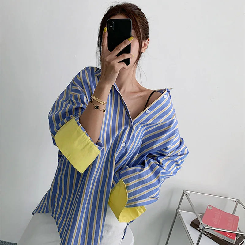 Spring and Autumn New Striped Long-sleeved Shirt and Korean Version of Loose Slim Mid-length Shirt Fashion Casual Shirt