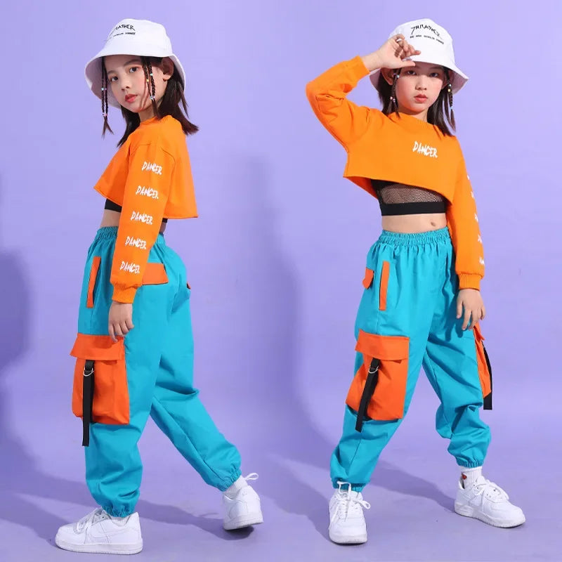 Hip Hop Girls' Crop Top & Cargo Pants Set - Street Dance & Cheerleader Style