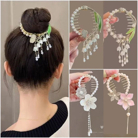 Elegant Women’s Hair Claw with Pearl & Rhinestone Tassels - Ponytail Buckle Hair Clip