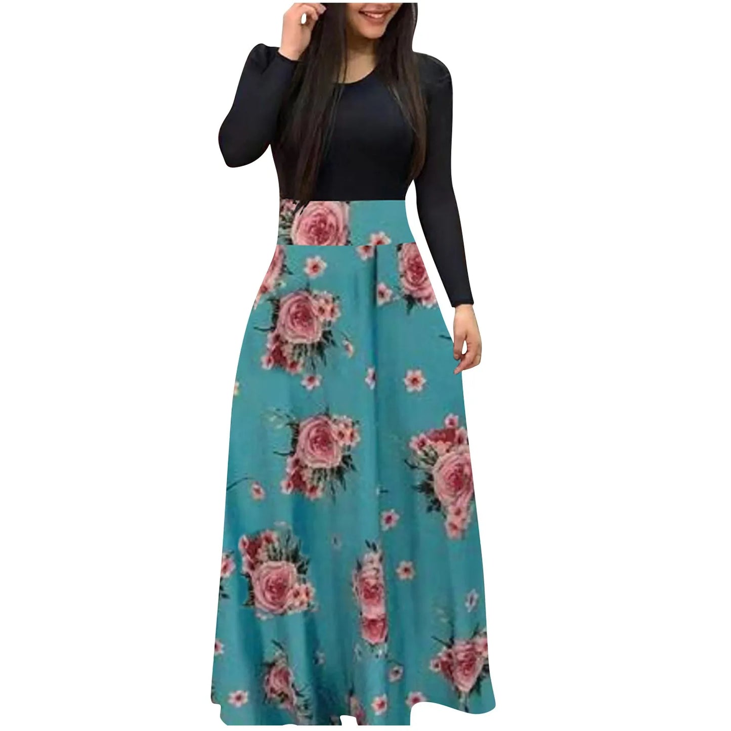 Floral Print Long Sleeve Maxi Dress - Women's Loose Holiday Wedding Party Dress