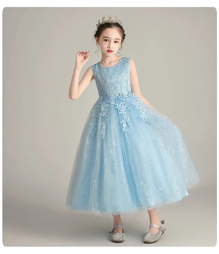 Girls' Elegant Evening Dress - Blue Princess Wedding Party Dress