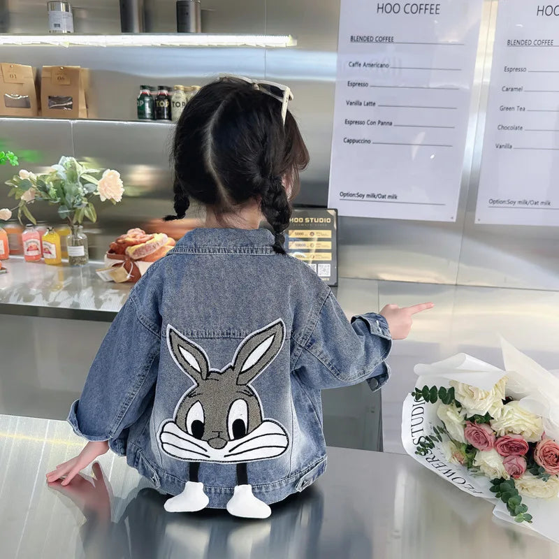 Girls' Denim Jacket – Embroidered Cartoon Rabbit Coat for Kids (Ages 2-7), Autumn Casual Outerwear