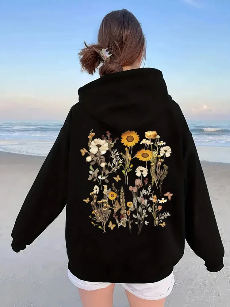 Cute Floral Print Women's Casual Fleece Hoodie