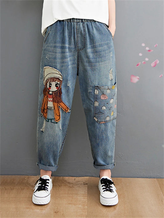 Women's Cartoon Embroidery Denim Pants – Casual High-Waist Harem Style with Pockets and Trendy Distressed Details.