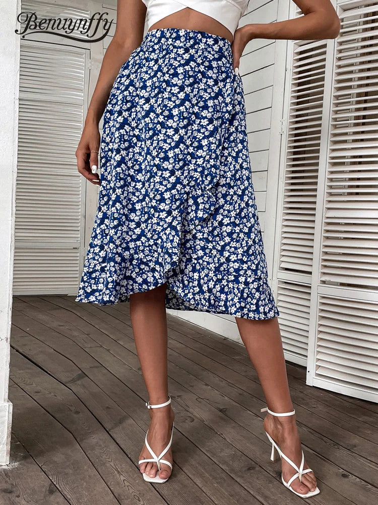 Benuynffy Floral Print Ruffle Trim Midi Skirt - Summer Boho A-Line