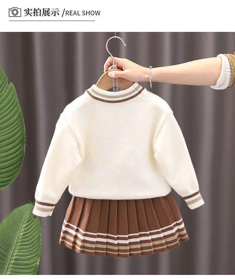 Autumn/Winter Girls' 2-Piece Set – Letter Bear Sweater and Striped Pleated Skirt