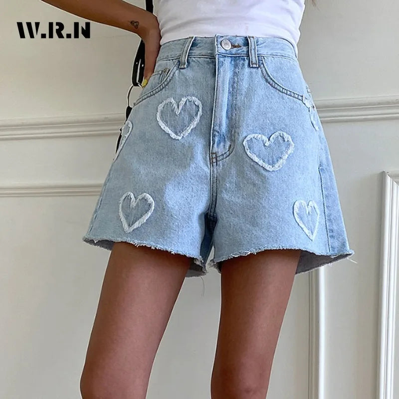 High Waist LOVE Printed Denim Shorts