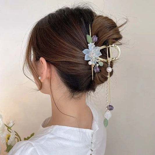 New Bell Orchid Flower Pearl Tassel Clip - Women's Ponytail Shark Hair Grab