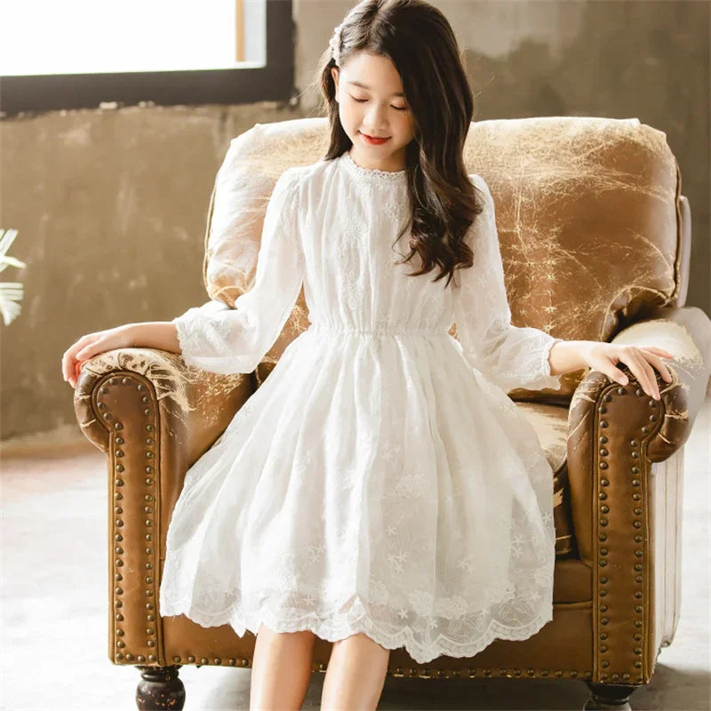 Kids' White Lace Dress - Long Sleeve Wedding & Party Dress (6-16Y)