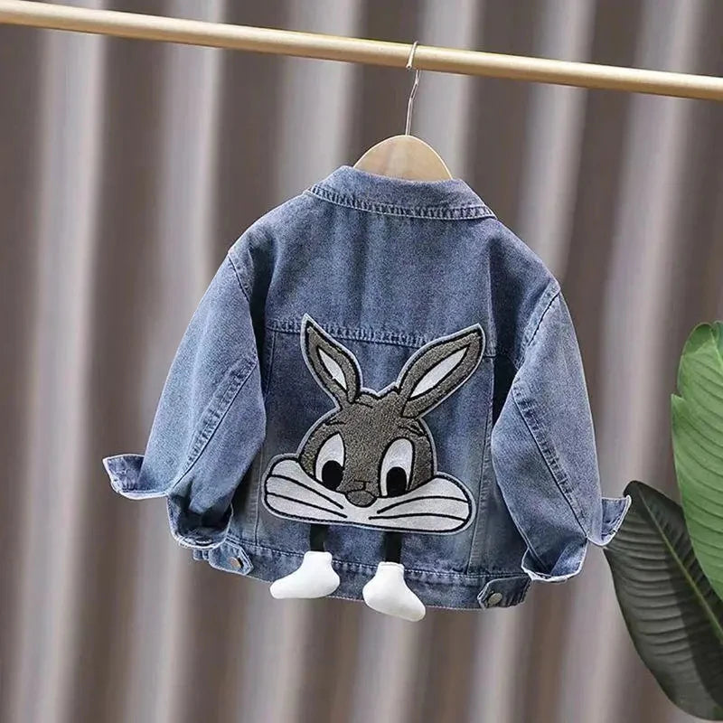 Girls' Denim Jacket – Embroidered Cartoon Rabbit Coat for Kids (Ages 2-7), Autumn Casual Outerwear