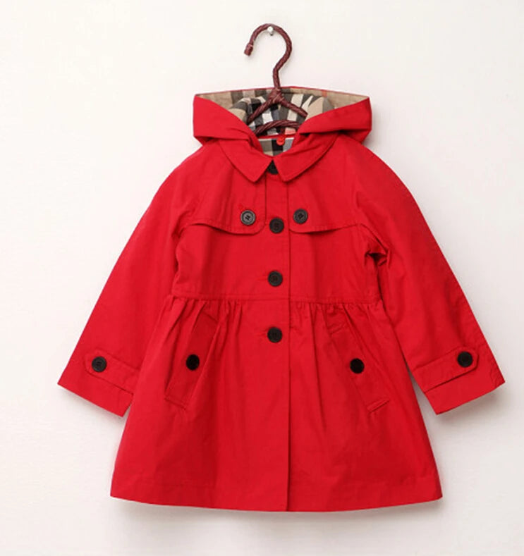 Girls' Hooded Windbreaker – Long Style, Red, Spring/Autumn Sweatshirt Jacket