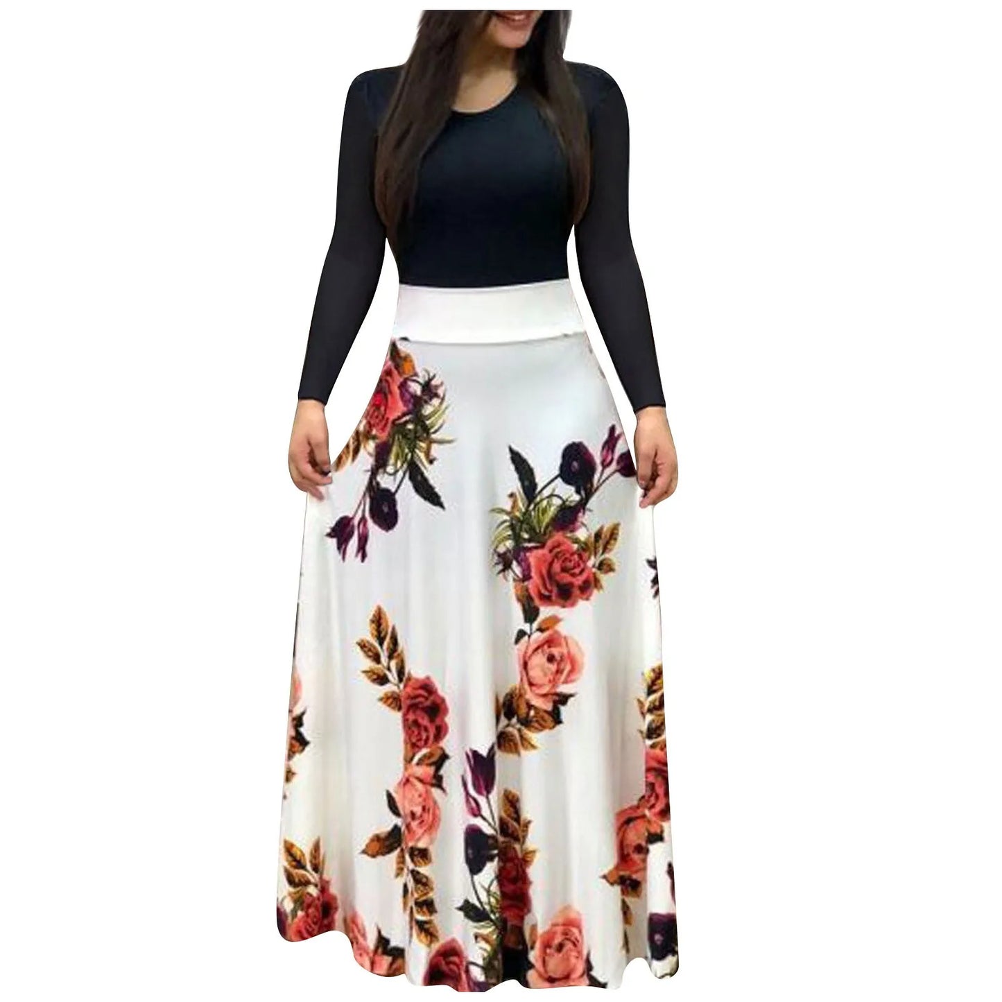 Floral Print Long Sleeve Maxi Dress - Women's Loose Holiday Wedding Party Dress