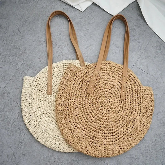 Vintage Round Straw Beach Bag – Handmade Rattan Shoulder Bag, Bohemian Summer Casual Style