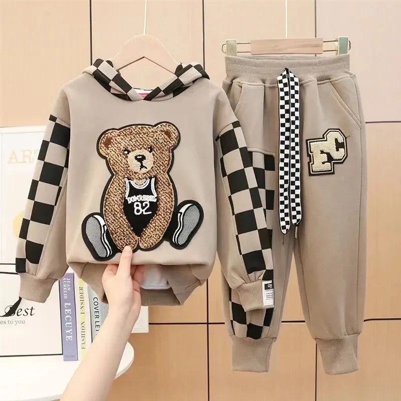 Spring/Autumn 2-Piece Girls' Set – Cartoon Bear Hoodie and Pants for Kids (Ages 2-8)