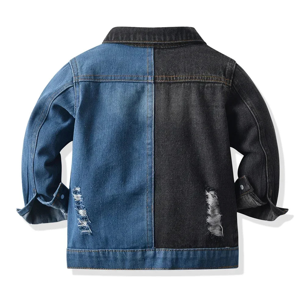 Children Boys' Casual Denim Jacket – Black & Blue Spliced, Turn-Down Collar