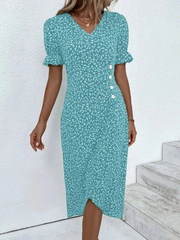 Elegant Floral Pleated Midi Dress - V Neck Puff Sleeve Summer Dress