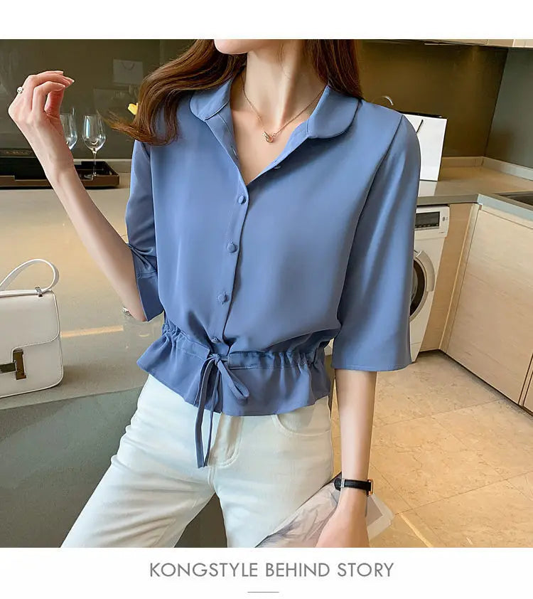 Summer Women’s Solid Chiffon Shirt – Turn-down Collar, Half Sleeve, Shirring Detail