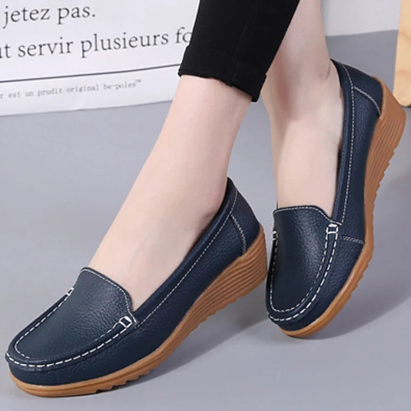 Women's Soft Leather Heeled Loafers - Casual Flat Moccasins