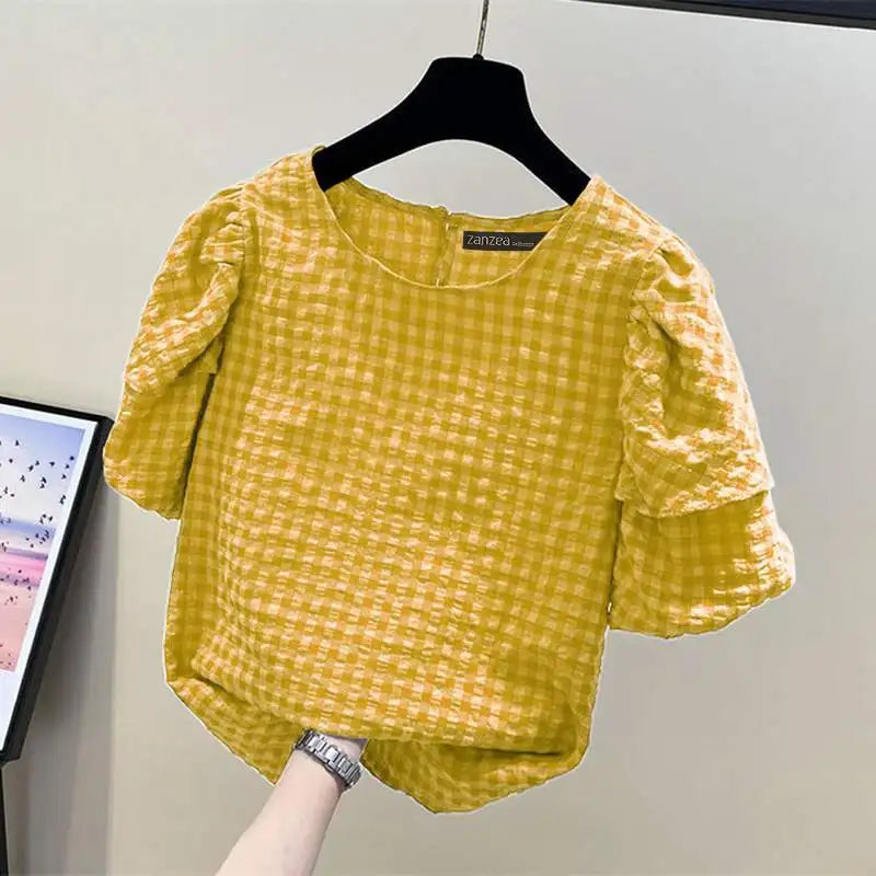 Women Casual Checked Blouses Short Puff Sleeve