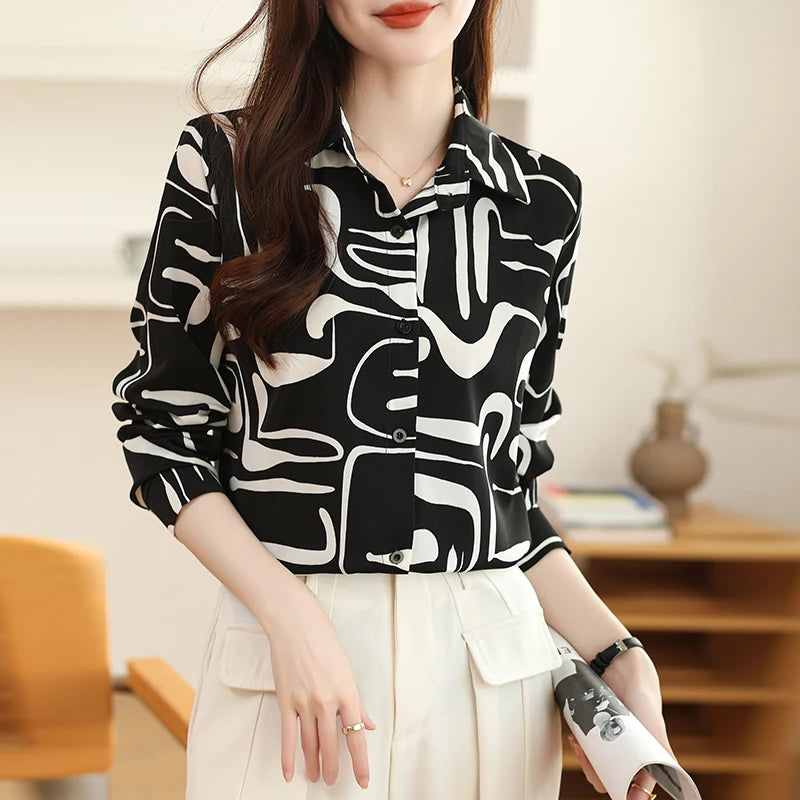 Spring Korean Loose Polo-Neck Long Sleeve Shirt for Women