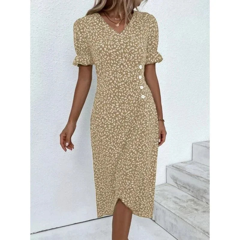 Elegant Floral Pleated Midi Dress - V Neck Puff Sleeve Summer Dress