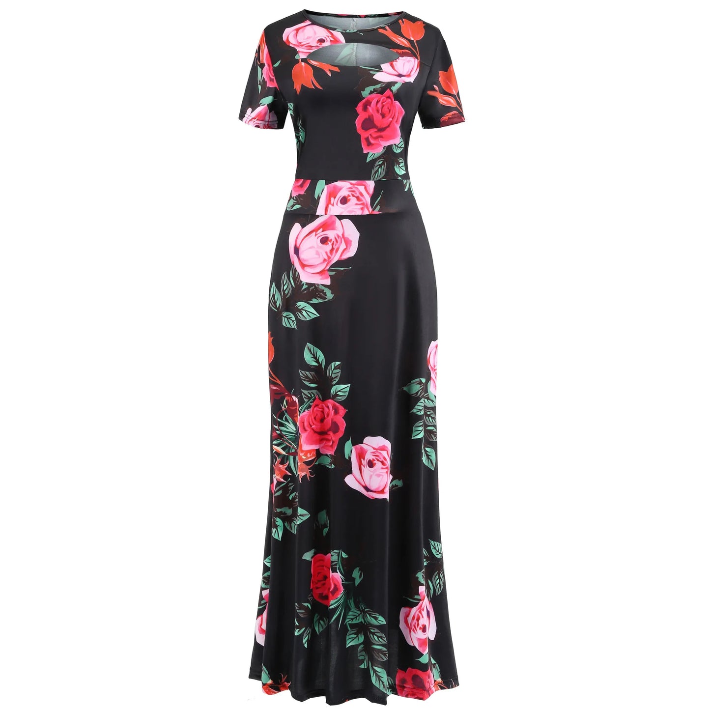 Floral Maxi Dress Women's Casual Summer Robe Short-Sleeved Round Neck Elegant