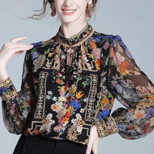 Women's Vintage Stand Collar Shirt – Printed Loose Long Sleeve Office Top