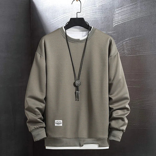 New Men's Casual Colorblock Hoodie Fake Two-Piece O-Neck Sweatshirt Harajuku Style