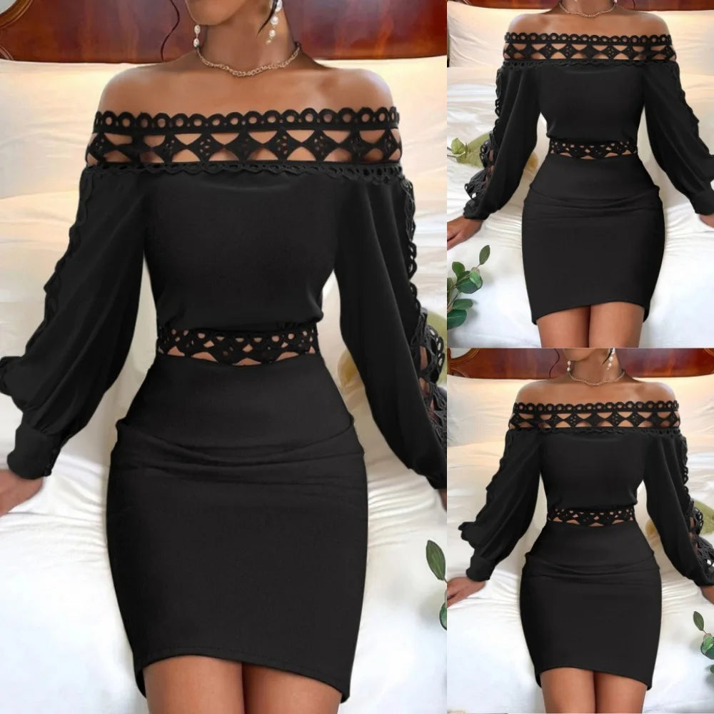 Women's Autumn Lace Wrap Dress – Long Sleeve, Slash Neck, High Waist Party Dress