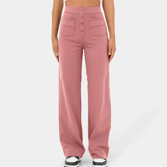 Stylish High-Waist Slouchy Pants - Women's Wide-Leg Trousers with Button Closure, Elastic Pockets, Casual Solid Color