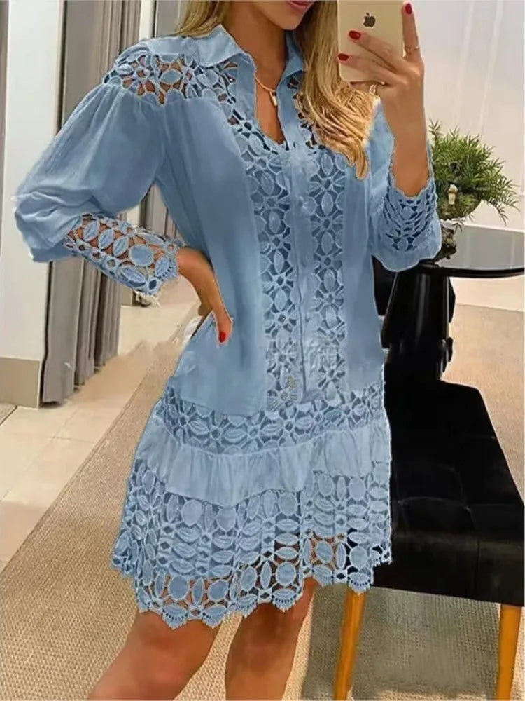 Lace Splice Elegant Long Sleeve Dress - Autumn Fashion