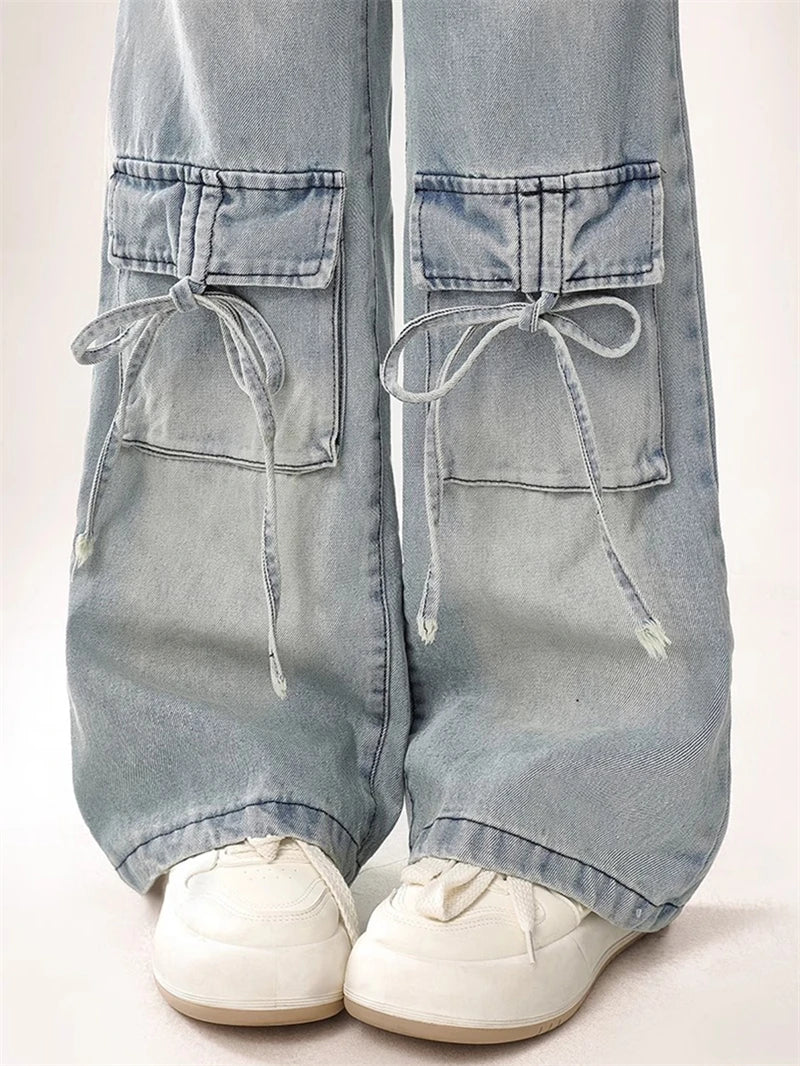 Women's Blue Cargo Jeans Harajuku - Baggy Bow Denim Trousers Vintage Streetwear